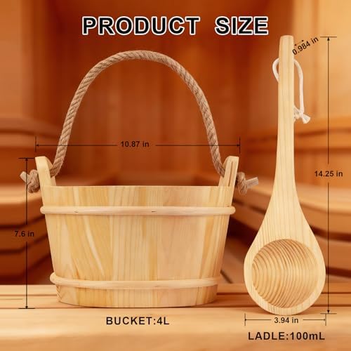 4L Wooden Sauna Bucket and Ladle Set, Natural Pine, Handmade Pine Sauna Bucket with Rope Handle