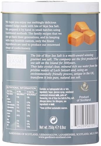 Gardiners of Scotland Handmade Fudge, Isle of Skye Sea Salt & Caramel Fudge 8.8 Ounce Tin