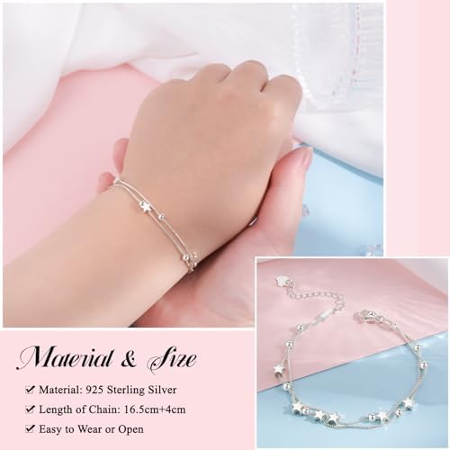 QianSiLi 925 Sterling Silver Bracelets for Women Adjustable Charm Bracelet Layered Stackable Chain Link Star Beaded Bracelets Birthday Christmas Gifts for Women Teen