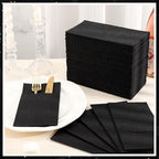 60 Pcs Black Linen-Feel Paper Napkins with Built-in Flatware Pocket, Graduation Pocket Linen Napkin Prefolded Cloth Like Paper Napkins Bulk for New Year Silverware Birthday Bathroom Weddings Party