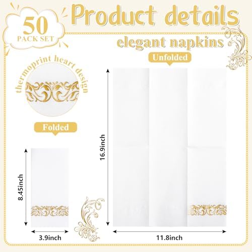 50PCS Gold Napkins Disposable - White and Gold Paper Napkins - Cloth-Like Feel Dinner Paper - Elegant Heavy Duty Hand Towels for Bathroom Party Bridal Decorative Reception