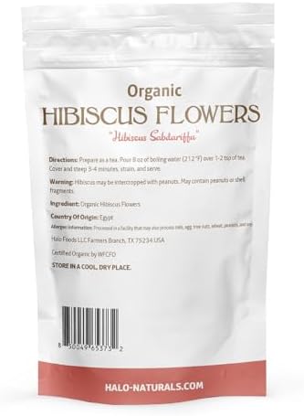Halo Naturals Organic Hibiscus Flowers Cut & Sifted, 1 Pound (Hibiscus sabdariffa) USDA Certified | Resealable Pouch| Packaged in The USA