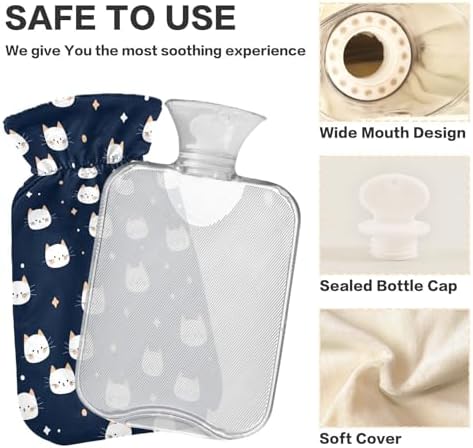 Cute Kitty Navy Blue and White Hot Water Bottle with Cover, 2Liter Soft Velvet Winter Warm Water Bag for Neck and Shoulder Pain Relief Period Cramps Bed Hand Feet Warmer