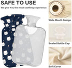 Cute Kitty Navy Blue and White Hot Water Bottle with Cover, 2Liter Soft Velvet Winter Warm Water Bag for Neck and Shoulder Pain Relief Period Cramps Bed Hand Feet Warmer
