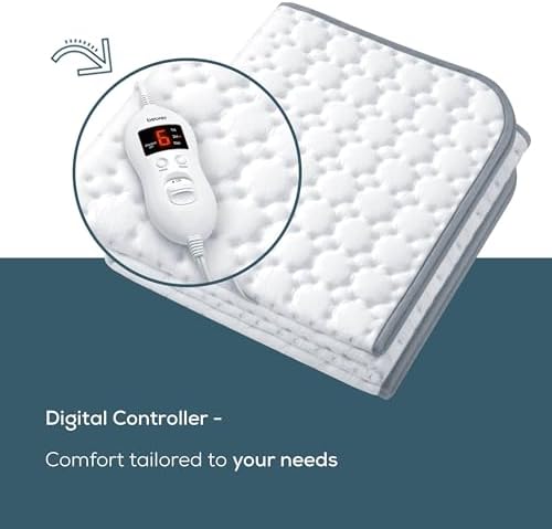 Beurer UWB55 Heated Mattress Pad with 8 Temperature Settings & Ultra-Soft Fleece, 59" x 31.5", Electric Bed Warmer with Overheat Safety Features, Fast Heating, Machine Washable