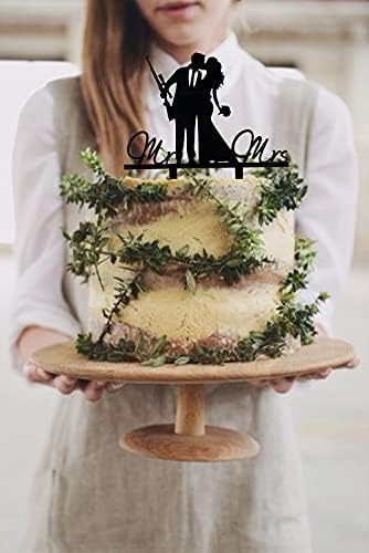 Mr and Mrs Wedding Cake Topper - Groom & Bride With Heavy Gun and Holding Flowers - Funny Gun Theme Anniversary/Bridal Shower Cake Topper, Funny Wedding Cake Decor(Heavy Gun)