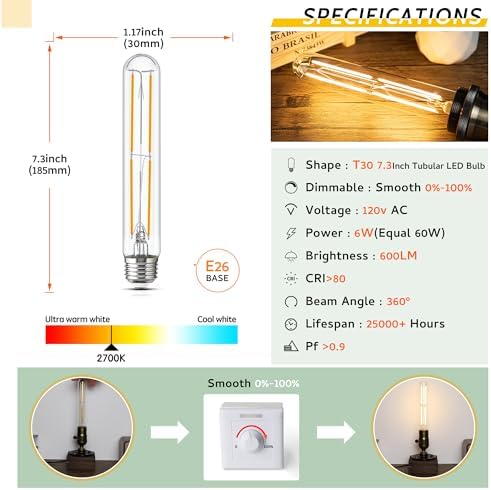 Tubular Light Bulb 7.3 Inch Dimmable T10 LED Bulb E26 6W 60 Watts Edison Bulbs 2700K Solf White,185mm Long for Wall Sconces, Pendant, Livingroom, 4-Pack