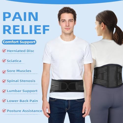 Back Brace for Lower Back Pain Relief - Adjustable Breathable Lumbar Support Belt with 6 Reinforced Steel Stays for Men & Women, Sciatica, Herniated Disc, Scoliosis & Muscle Support (Black, Medium)