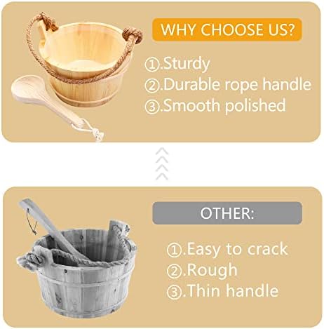 Sauna Bucket and Ladle 5 Liter (1.3 Gallon), Finnish Pine Wooden Sauna Accessories with Handmade Sauna Bucket, Plastic Liner and Rope Handle