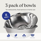 WHYSKO® Large Mixing Bowls, Set of 3 Stainless Steel 8 Quart Bowls for Restaurants, Food Service, Caterers and Home Kitchen Use, Rust Proof Bowls Great for Meal Prep, Baking, Serving, Food Storage