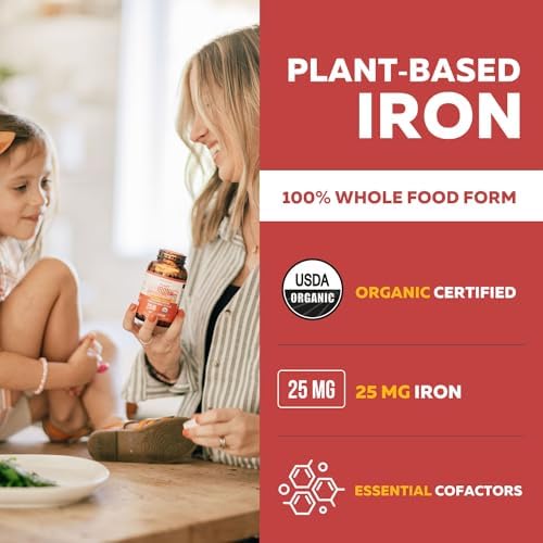 Organic Iron Supplement | Whole Food Mineral & Cofactors, 25 mg Elemental | Enhanced Absorption Plus Blood Health Vitamins – Gentle Form – Supports Healthy Levels & Blood Health – 90 Capsules