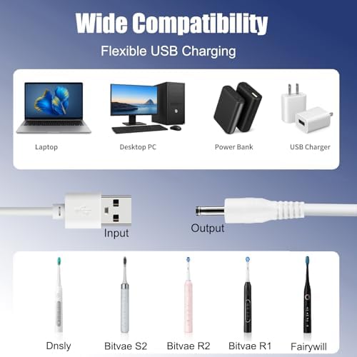 5FT USB Charger Cable Compatible with Bitvae Electric Toothbrush D2 S2 R2 R1 and C2 C5 C6 Water Flosser, Charging Cord for USB Power, White Replacement Charger Line, Travel-Friendly Design