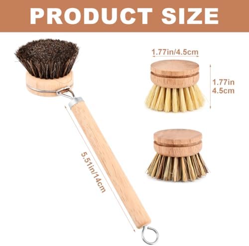 Bamboo Dish Brush with Handle, 3 Natural Bristle Heads (Horsehair, Sisal, Palm) Replaceable Heads, Wooden Dish Brush for Washing and Cleaning Pot Pan Bowl