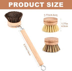 Bamboo Dish Brush with Handle, 3 Natural Bristle Heads (Horsehair, Sisal, Palm) Replaceable Heads, Wooden Dish Brush for Washing and Cleaning Pot Pan Bowl