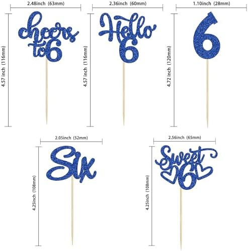 30Pcs 6th Birthday Cupcake Toppers Glitter Six Hello 6 Cupcake Picks Cheers to 6 Years Old Cake Decorations for 6th Birthday Party Supplies Deep Blue
