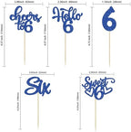 30Pcs 6th Birthday Cupcake Toppers Glitter Six Hello 6 Cupcake Picks Cheers to 6 Years Old Cake Decorations for 6th Birthday Party Supplies Deep Blue