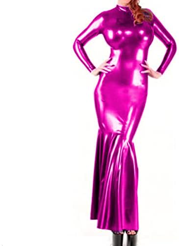 Sexy Latex Gown Long Sleeves Rubber Dress Faux Leather PVC Party Club slim bag hip fishtail dress Outfits long dresses,Red,L