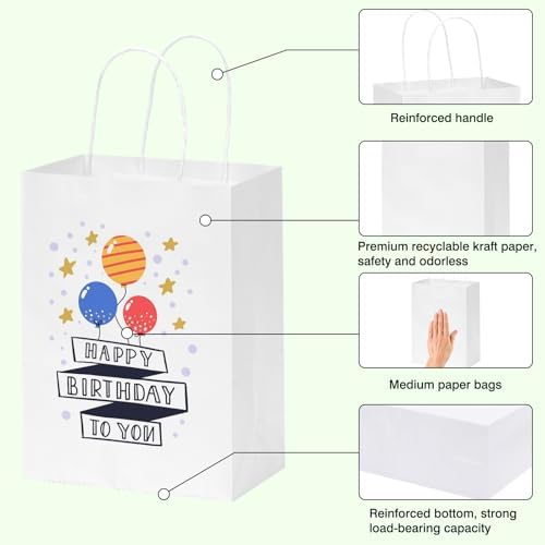 OUTUXED 150pcs White Paper Gift Bags, 8x4x10in White Kraft Paper Bags with Handles Bulk Medium Size for Valentines, Retail, Shopping, Wedding, Favor, Birthday Party, Business, Grocery