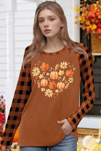 Halloween Shirts Women: Pumpkin T-Shirt Funny Pumpkin Graphic Tee Fall Plaid Long Sleeve Autumn Tops
