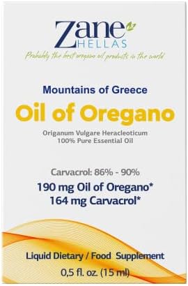 Zane Hellas 190 mg Oregano Oil-164 mg Carvacrol per Serving-4 Drops Daily. 100% Greek Undiluted Oil of Oregano. 86%-90% Min Carvacrol. Probably The Best Oregano Oil in The World. 0.5 fl. oz.- 15ml.