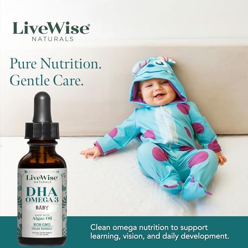 LiveWise Naturals DHA Omega 3 Drops for Kids - Vegan Liquid Omega 3 for Infants, Toddlers & Children - Essential DHA Supplement for Baby Brain, Eye & Immune Health