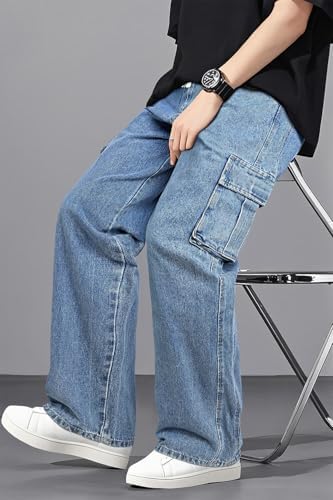 Mens Baggy Jeans Elastic Waisted Denim Pants for Men with Drawstring Streetwear