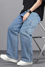 Mens Baggy Jeans Elastic Waisted Denim Pants for Men with Drawstring Streetwear