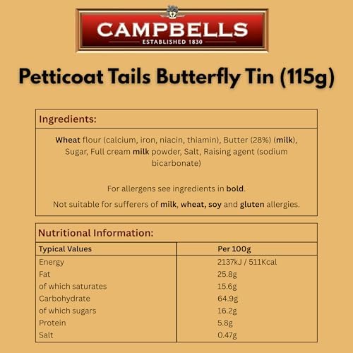 Campbells Shortbread Petticoat Tails Butterfly Tin 4.1 Oz (115g) - Pure Butter Scottish Shortbread Cookies from Scotland, British Tea Biscuits, Butter Cookies Gift in Tin Can, Scottish Snacks