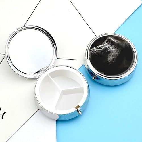 an Adult Gorilla Pill Box with 3 Compartments and Mirror Portable Pocket Pill Case Metal Travel Medicine Organizer Purse Medicine Holder for Vitamin Supplement Fish Oil