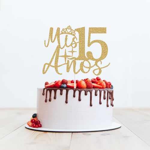 Mis Años 15 Cake Topper - Mis Quince 15 Happy 15th Birthday Cake Topper, Cheers to 15 Years Birthday Party Decorations Gold Glitter