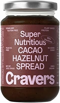 Cravers Cacao Hazelnut Spread - No Sugar Added, Vegan, Palm Oil Free & Non-GMO, Creamy Chocolate Spread | 12 oz Jar | High Protein, Kosher, Gluten Free