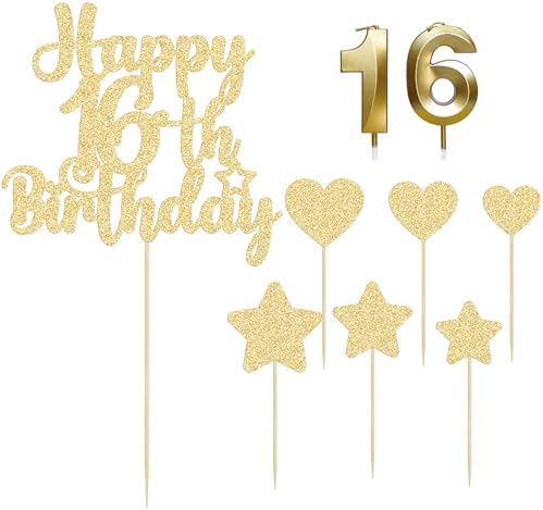 Gyufise 15Pcs Happy 16th Birthday Cake Topper Set with Heart Star Glitter Cheers to 16 Years Cake Picks Number 16 Candles Cake Decorations for Happy 16th Birthday Anniversary Party Supplies Gold