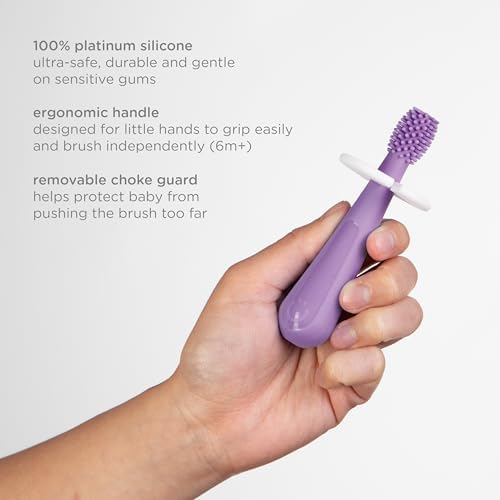Ubbi Grow with Me Toothbrush Training Set for Babies and Toddlers, Includes One 360° Food-Grade Platinum Silicone and One Soft Bristled Toothbrush, Smoothie Purple and Zest Green