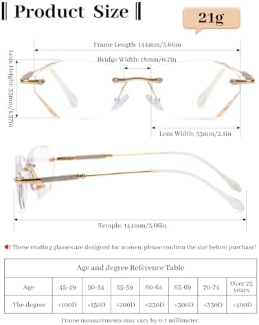 LUFF Stylish Rimless Reading Glasses for Women- Blue Light Blocking Readers, Fashion Frameless Metal Lightweight Eyeglasses