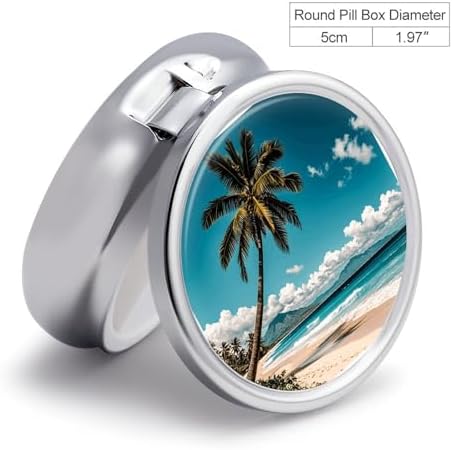 Palm Tree Hawaii Beach Medicine Pill Case, 3 Compartment Round Pill Box, Portable Decorative Medicine Organizer for Pocket Or Purse Vitamin Organize