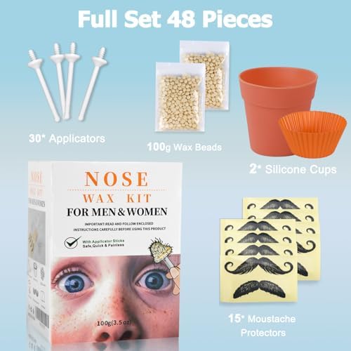Nose Wax Hair Removal Kit by CoFashion | 100g Wax, 30 Applicators (15-30 Uses) | Painless, Quick & Easy for Men Women | 15 Mustache Guards, 2 Silicone Cups