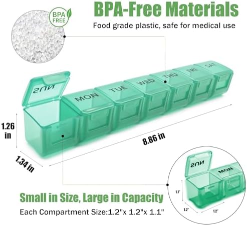 2 Pack Weekly Pill Organizer, Large 7 Day Pill Case, Daily Vitamin Case Medicine Box, AM/PM Pill Containers for Medicine Supplements Fish Oil (Red & Green)
