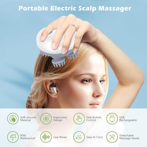 Electric Head Massager, IPX7 Waterproof Handheld Scalp Massager with 4 Kneading Heads & 96 Massage Nodes, Rechargeable Body Massager Electric Head Scratcher Massager for Hair Growth Scalp Stress Relax