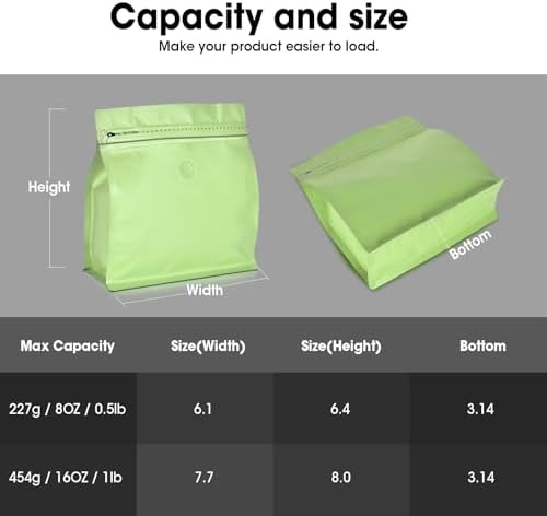 50 Count 8oz Coffee Bags with Valve,1/2 lb Vented Coffee Beans Packaging Bags High Barrier Aluminumed Foil Flat Bottom Heat Sealed Side Zipper Resealable Storage Bag for Home or Business（Green）