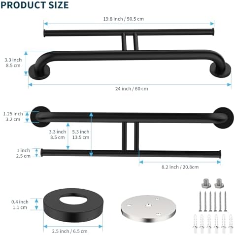 24 Inch Grab Bar w/Double Toilet Paper Roll Holder Black, iHansee Stainless Steel Shower Support Balanced Support Handle, Wall Mounted Safety Handrail Grab Rail for Elderly Senior Handicap Disabled
