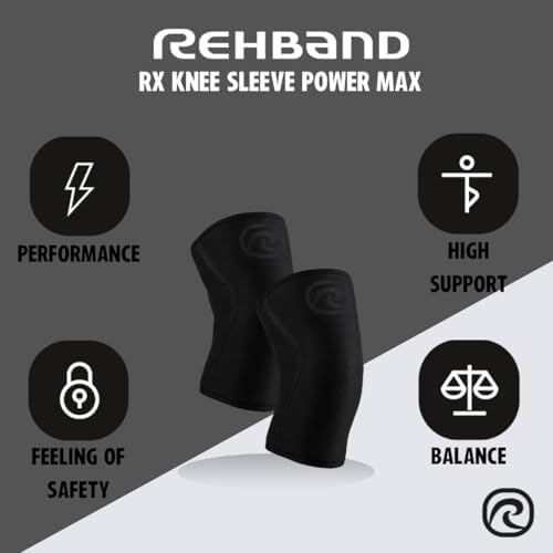 Rehband Rx Knee Sleeve Power Max, 1 piece, knee support 7mm neoprene, strongman, heavy lifting, longest knee sleeve, Colour:Carbon/Black, Size:L