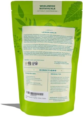 Worldwide Botanicals Organic Lemon Balm Tea, 6 Ounces - Loose Leaf Premium Herbal Tea | 100% Pure Lemon Balm Leaves | For Stress Relief and Good Digestion | Kosher