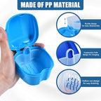 KISEER 3 Pack Colors Denture Bath Case Cup Box Holder Storage Soak Container with Strainer Basket for Travel Cleaning (Blue, Light Blue, Purple)