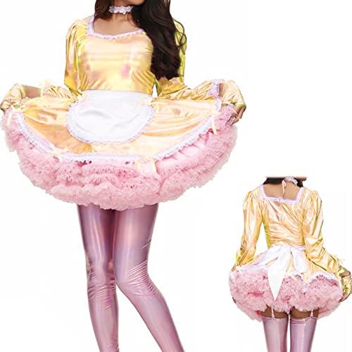 Dress Fancy Apron Maid Dress Laser Long Sleeve Shiny Costume Gloves and Neckwear,Gold,XL