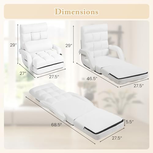S AFSTAR Indoor Chaise Lounge Sofa, Folding Lazy Sofa Floor Chair with 6-Position Adjustable Backrest Lumbar Pillow, Folding Padded Lounger Bed with Armrests, Assembly-Free (White)