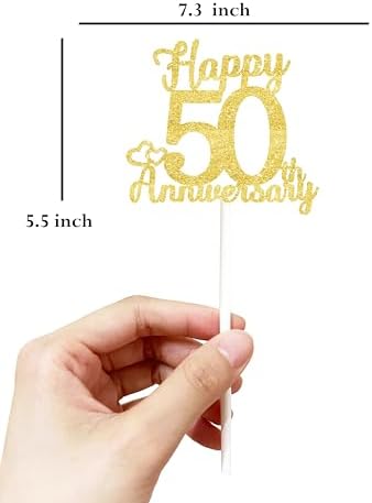 Happy 50th Anniversary Cake Toppers - Golden Double Sided Glitter Fifty, 50 Years Wedding Decorations