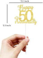 Happy 50th Anniversary Cake Toppers - Golden Double Sided Glitter Fifty, 50 Years Wedding Decorations