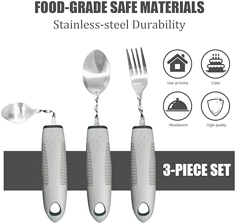 Adaptive Utensils for Elderly, Hand Tremors, Parkinsons & Handicapped | 3 Pack | Non-Slip Easy Grip Handles Right Handed Curved Spoon and Fork Set | Lightweight | Stainless Steel | Eat Independently