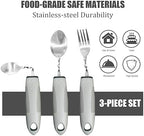 Adaptive Utensils for Elderly, Hand Tremors, Parkinsons & Handicapped | 3 Pack | Non-Slip Easy Grip Handles Right Handed Curved Spoon and Fork Set | Lightweight | Stainless Steel | Eat Independently