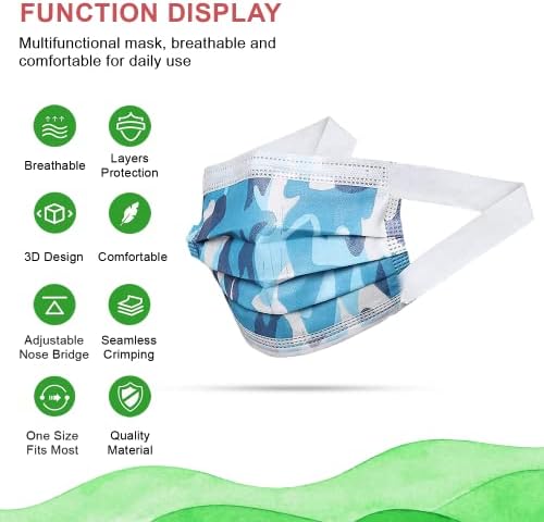 Disposable Face Masks 3 Ply With Ultra Soft Ear Loops - Beautifully Printed Single Use Breathable Protection Masks (50 Count (Pack of 1), Camouflage Blue)